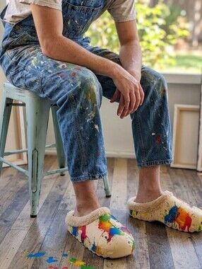 Men's Winter Style Fuzzy Lined Paint Splatter Clog Slippers EU 35-36 Boys US 5-6